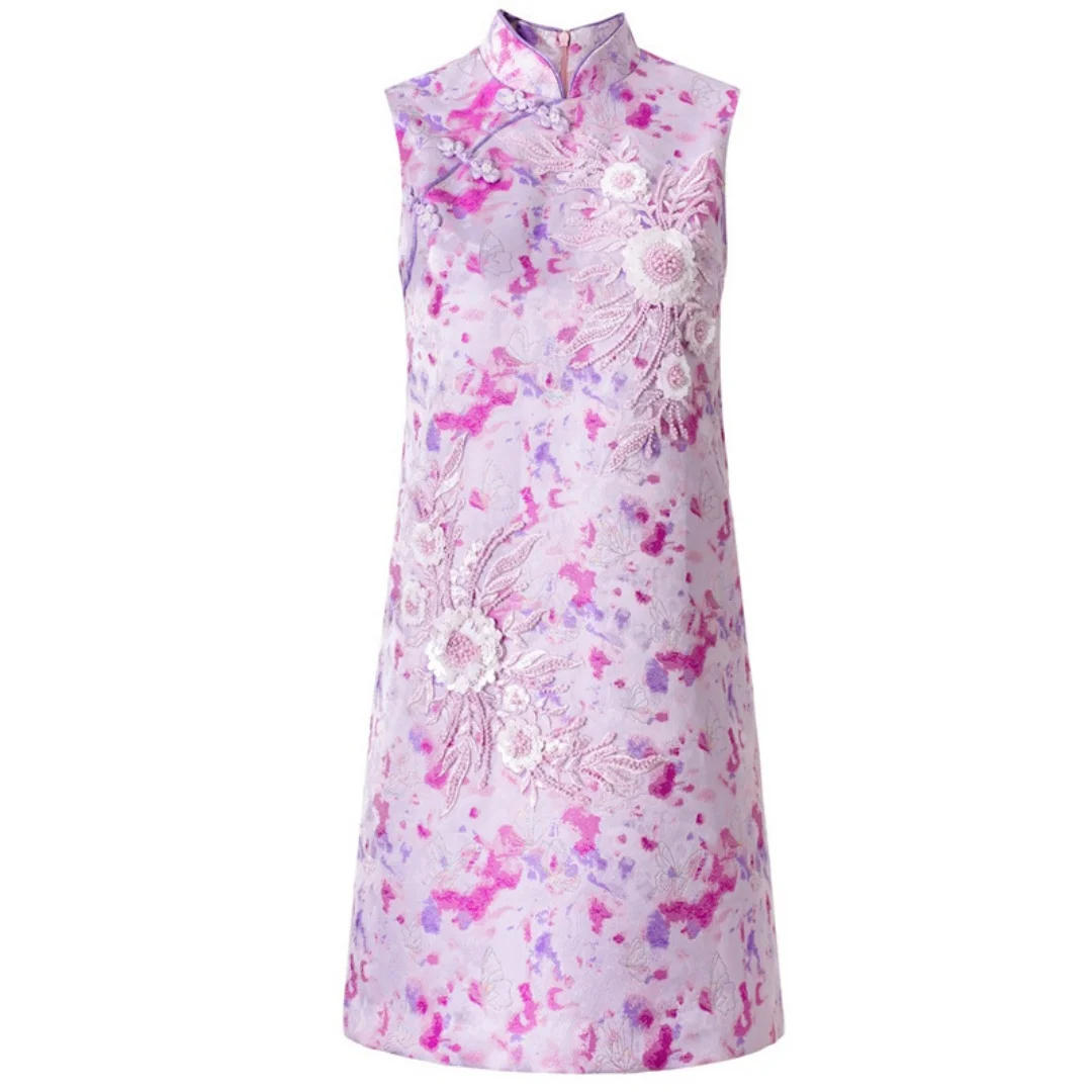 Women Light Purple Gradient Heavy Applique Short Dress