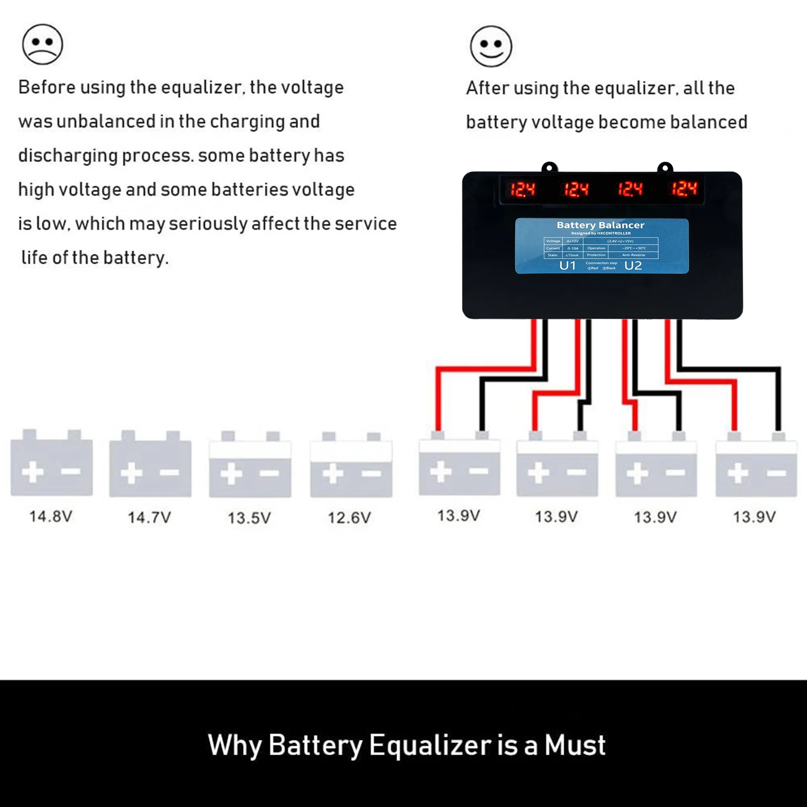 Display digitale equalizzatore batteria 48V per batterie 4x12V bilanciatore 4S tensione attiva batteria al piombo lifepo4 24V 36V 48V 60V