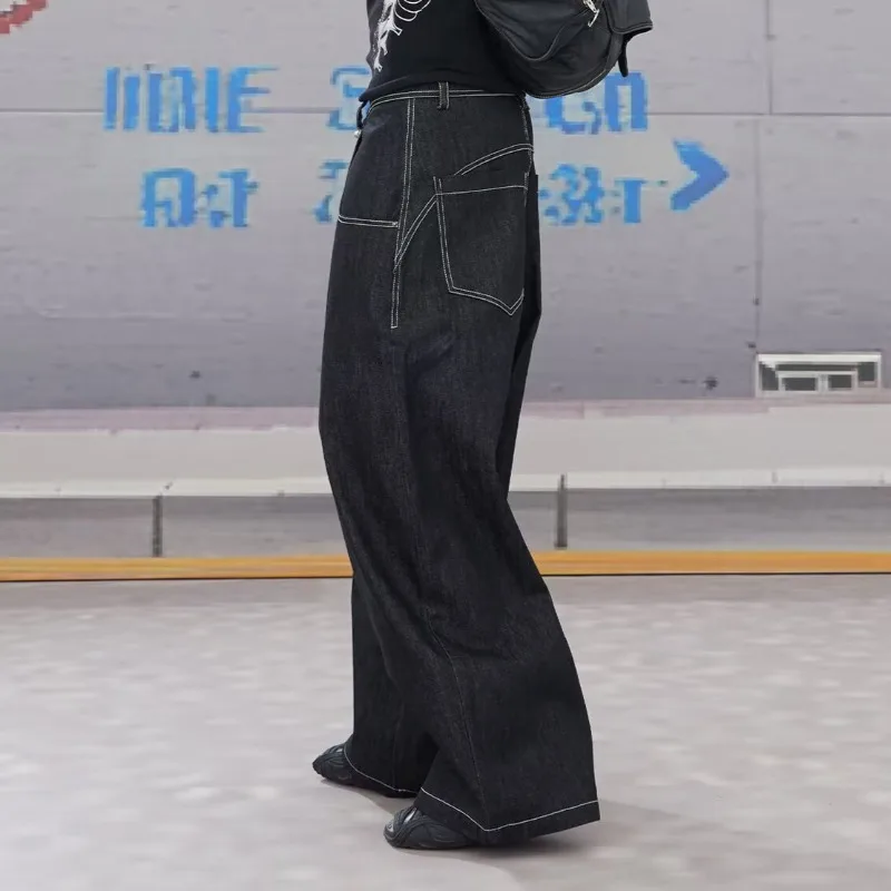 MWJLPWQ Buckle Design Streetwear Design Cowhide Jeans Male American Silhouette Baggy Machete Wide Leg Pants 2026 Autumn 11977