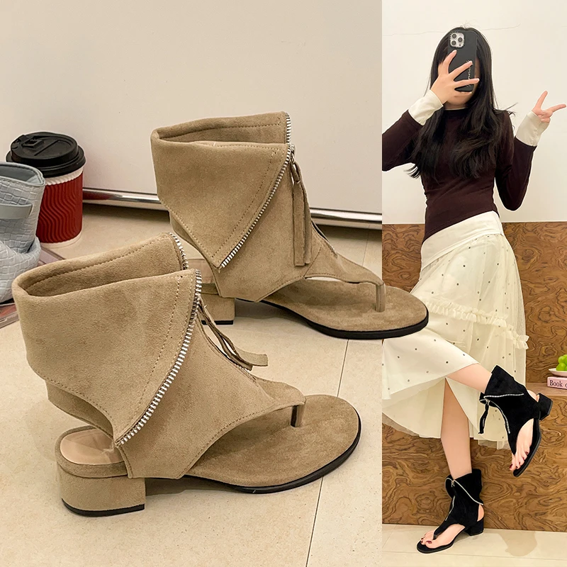 

Flat-bottom Square Heel Pull-on Front Zipper Slimming, Fashionable, Versatile, Comfortable and Slip-resistant Women's Sandals
