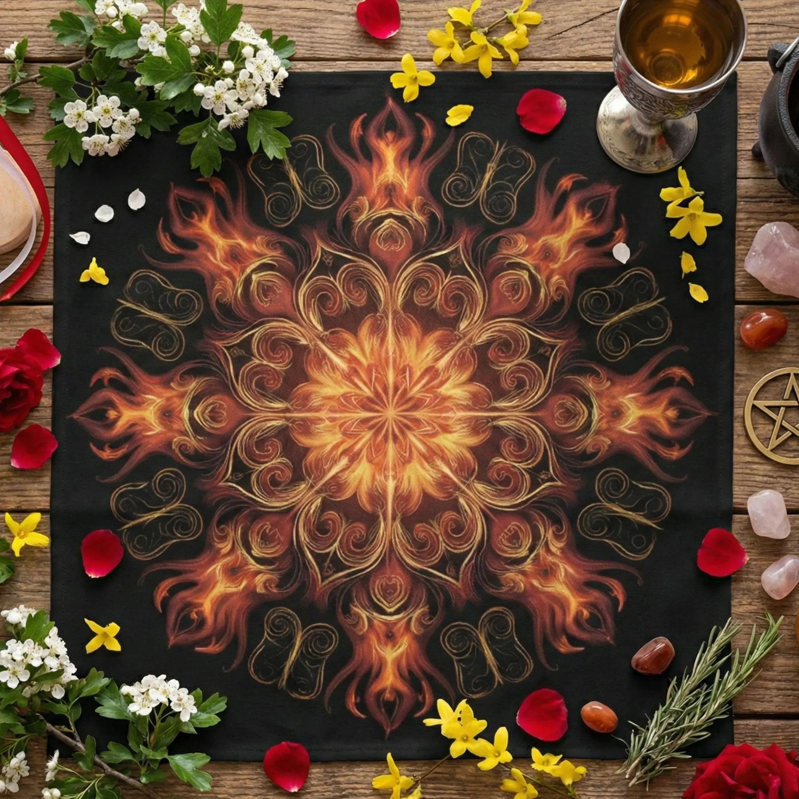 VIKAMA Dark Flame Mandala Tablecloth Witch Altar Cloth Fire Elements Tarot Divination Ceremony Tablecloth Tarot Card Tablecloth