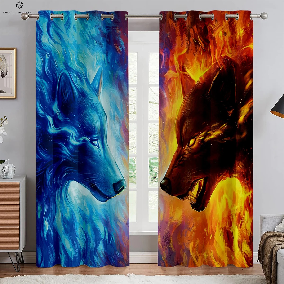 Starry Sky Moon Wolf Animal Print Window Blackout, Insulation Curtains, Bedroom, Living Room, Outdoor Kitchen Decorative Curtain