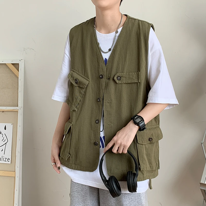 

Loose Men's Workwear Vest Street Sle Spring Autumn INS Harajuku Couple Outerwear Trendy V-Ne Single Button Pure Color