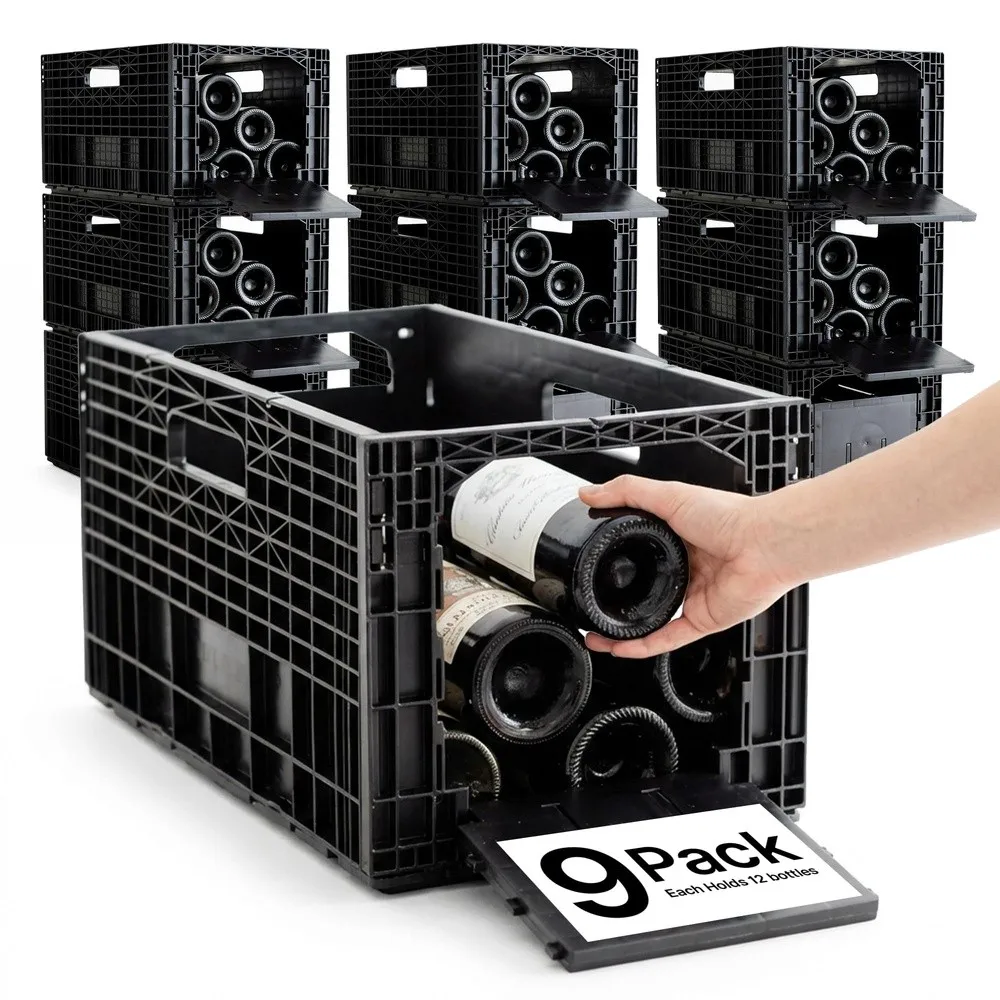 Stackable Wine Rack for Cabinet 12 Bottle Crate Set of 9 Black