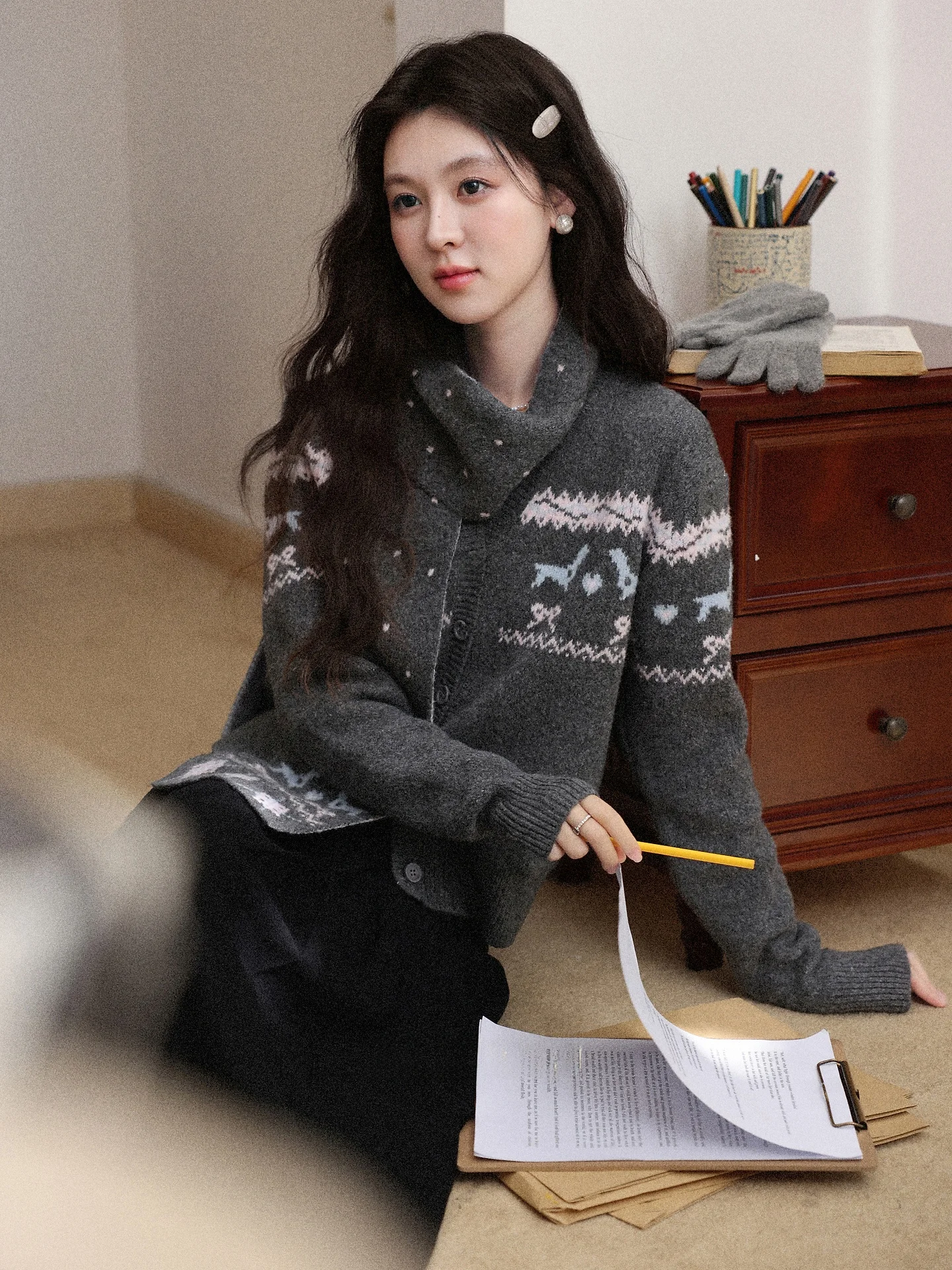 

ay Knitted Sweater V-Ne Open Cardigan Women's Faion Autumn Winter Straight Tube Long Sve ort Length Regular Thin