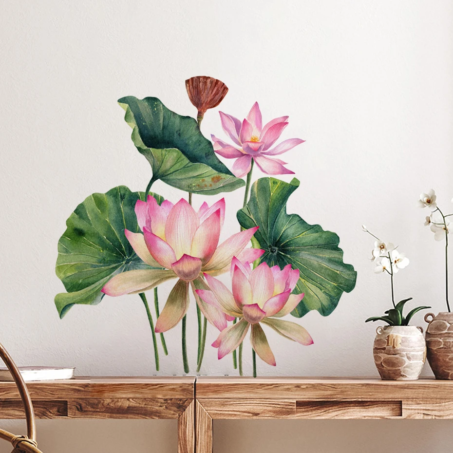 Watercolor Lotus Leaves Lotus Wall Stickers Painted Wall Decals for Living Room Bedroom Home Wall Decoration