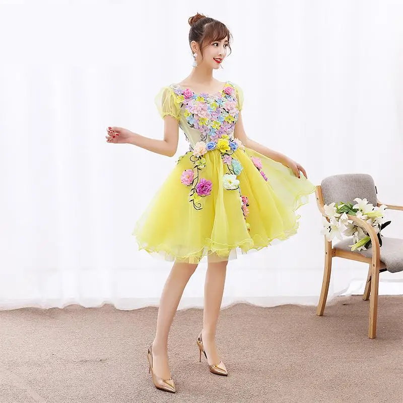 ดอกไม้ Fairy Vestido De Quincenera Sweet Scoop คอเข่า-ความยาวเดรสแต่งงานสีสัน Appliques สั้น Sukienka Balowa Plus ขนาด