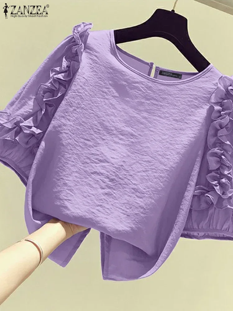ZANZEA ผู้หญิง Ruffled เสื้อ 2025 ฤดูร้อน 3/4 แขนยาวเสื้อเกาหลีแฟชั่นรอบคอ Tunics Casual หลวม Blusas Femme