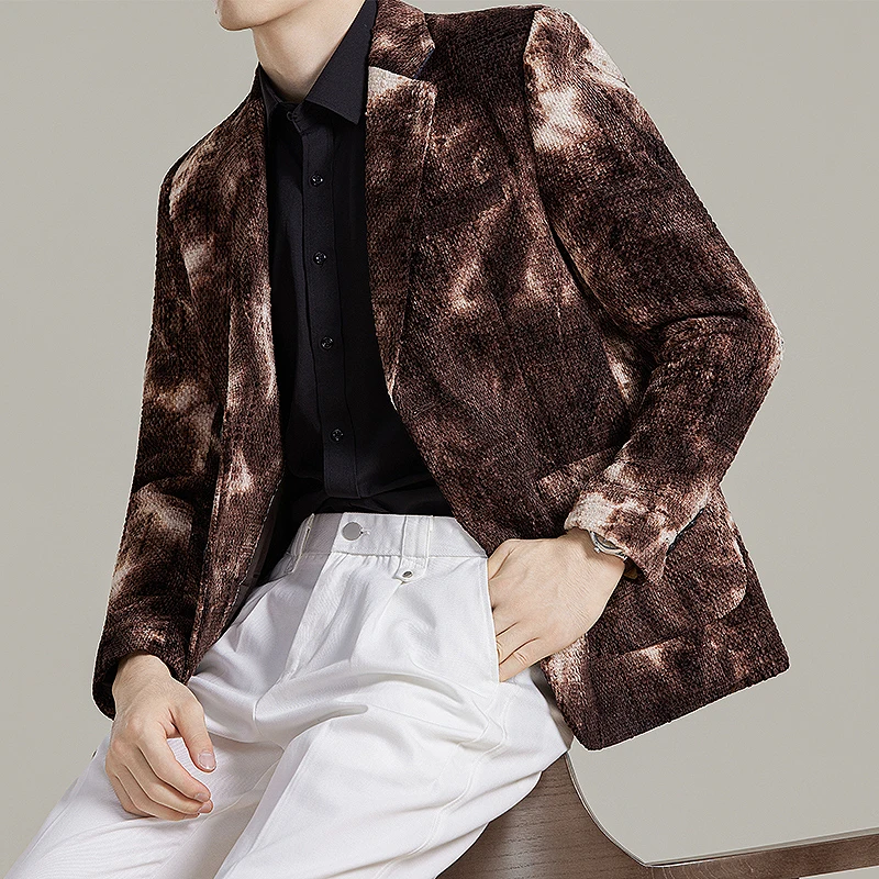

Осенний корейский приталенный пиджак для мужчин Tie Dye Chenille Модный повседневный пиджак Теплый деловой социальный формальный мужской пиджак