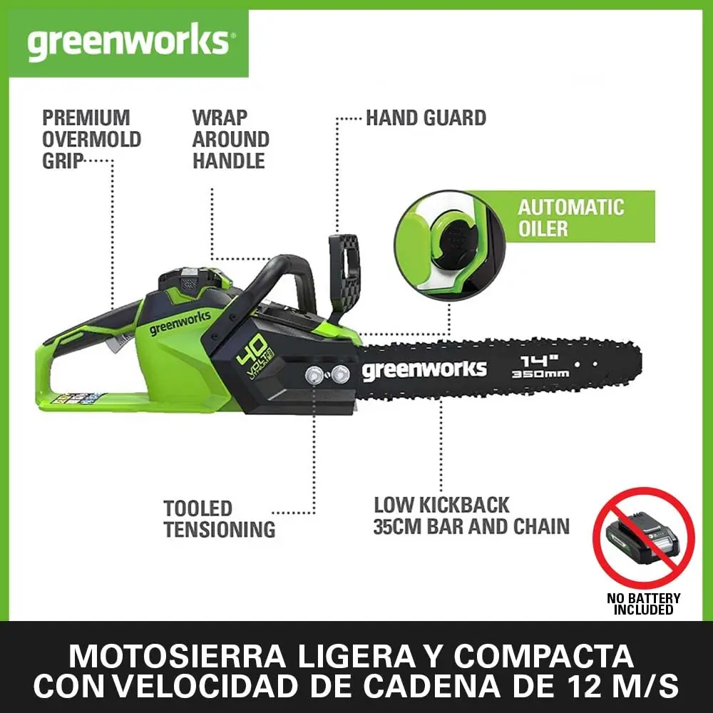 Greenworks GD40CS15 Battery Chainsaw, Brushless Motor, 14 Inch (35 cm) Bar Length, Chain Speed 12 m/s, 3.5 kg, Backup Protection