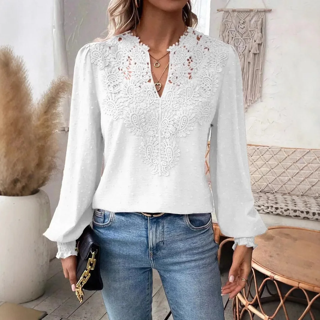 

2025 European and American Autumn and Winter New Fashion V-neck Lace Solid Color Long Sleeve Casual