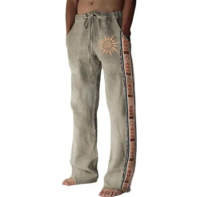 Pantalones casuales con estampado de tótem retro étnico para hombre, pantalones de cáñamo de bambú, transpirables, con cordón, sueltos, guapos,