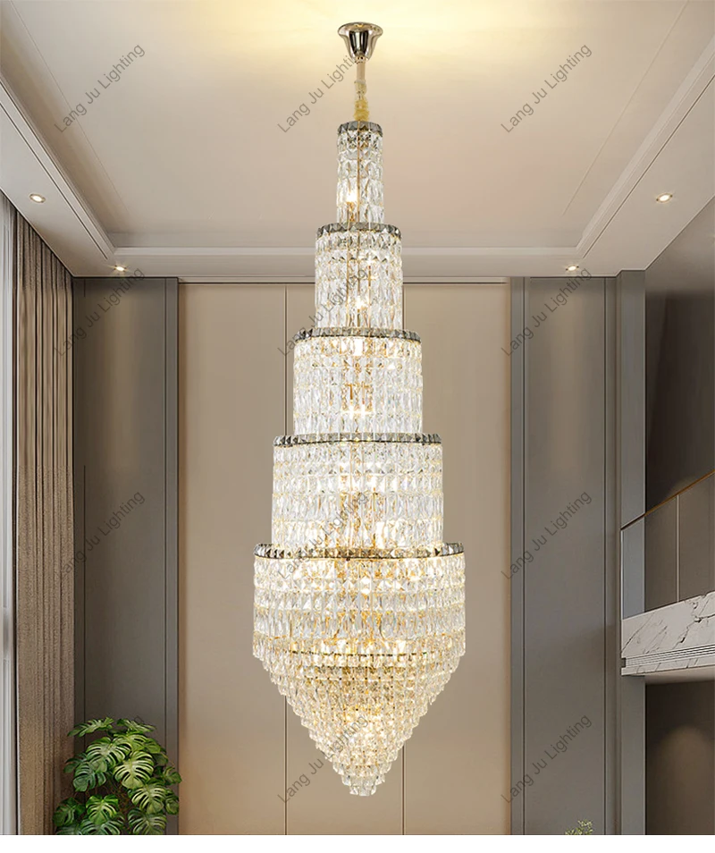 Long Crystal Chandelier Spiral Staircase Led Villa New Ceiling Lighting Duplex Chandelier Luxury Modern Living Room  Crystal