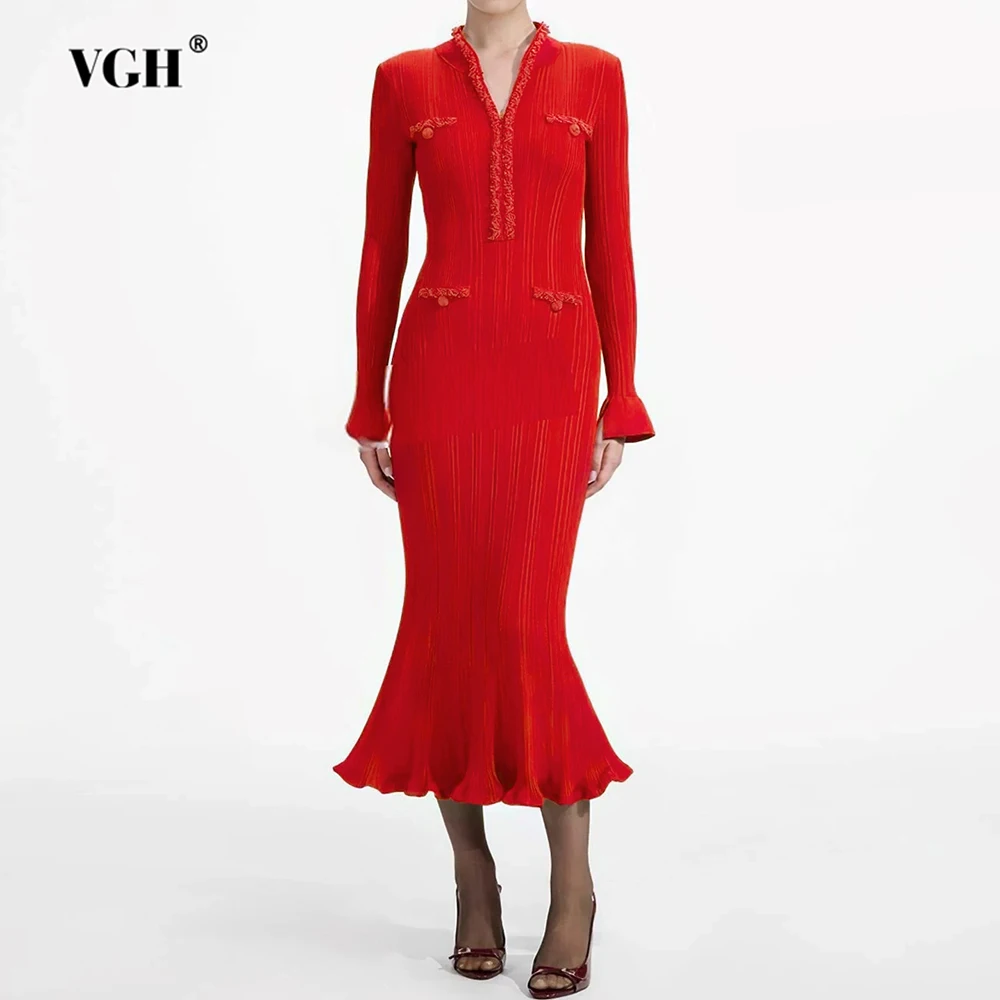 

VGH Solid Slim Fit Elegant Commute Dresses For Women V Neck Long Sleeve High Waist Spring Temperament Dress Female Fashion New
