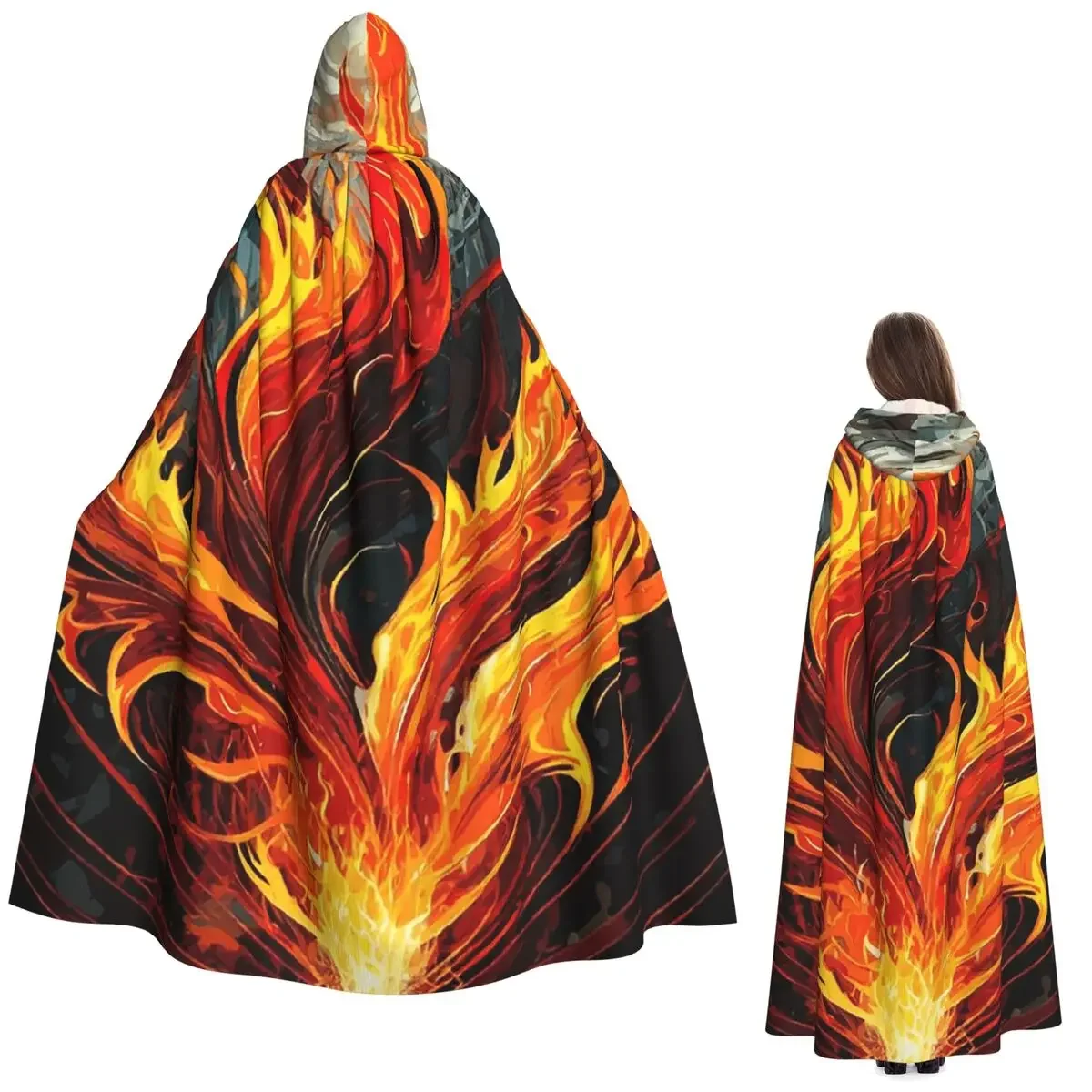 Custom Symphony Abstract Fire Flame Art Long Hooded Cloak Witch Medieval Costume Cosplay Cape HalloweenParty Adult Unisex
