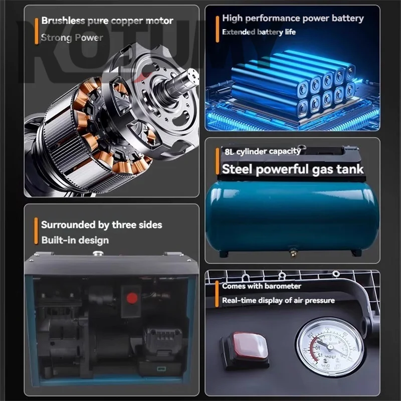 عالية الطاقة 8L فرش بطارية ليثيوم ضاغط الهواء المحمولة في الهواء الطلق ضاغط الهواء الصامت في الهواء الطلق مضخة هواء لاسلكية