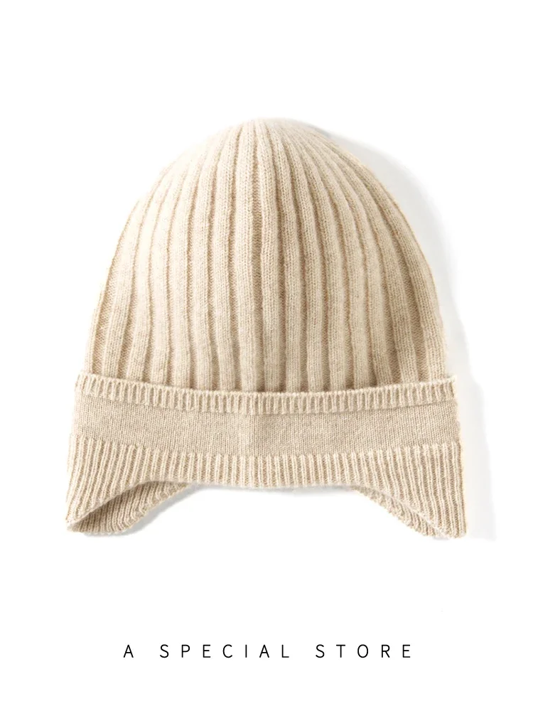 Cashmere Knit Earflap Caps Ribbing Thick Beanies 2023 Winter Vintage Hat Soft Hat Wool Blend Warm Hair Bonnet for Women Men