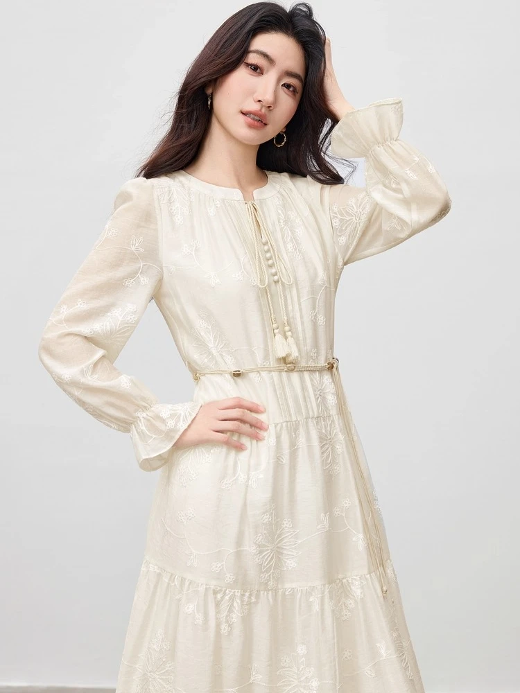 SENTUBILA Elegancka sukienka z lyocellu dla kobiet, kolekcja jesień 2025, sukienki o kroju litery A z długim rękawem, dekolt okrągły, bufiaste rękawy, luźne sukienki Q53LI3927