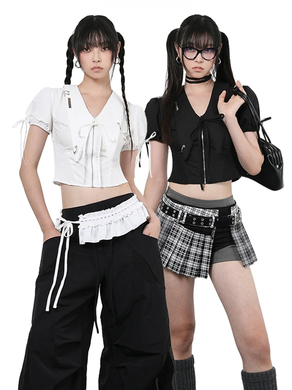 

ANYQUESTION Lace Trimmed Bubble Sve irt Waist Cinched V-Ne ort Top Two Colors Available Original Design Slim Fit Cot...