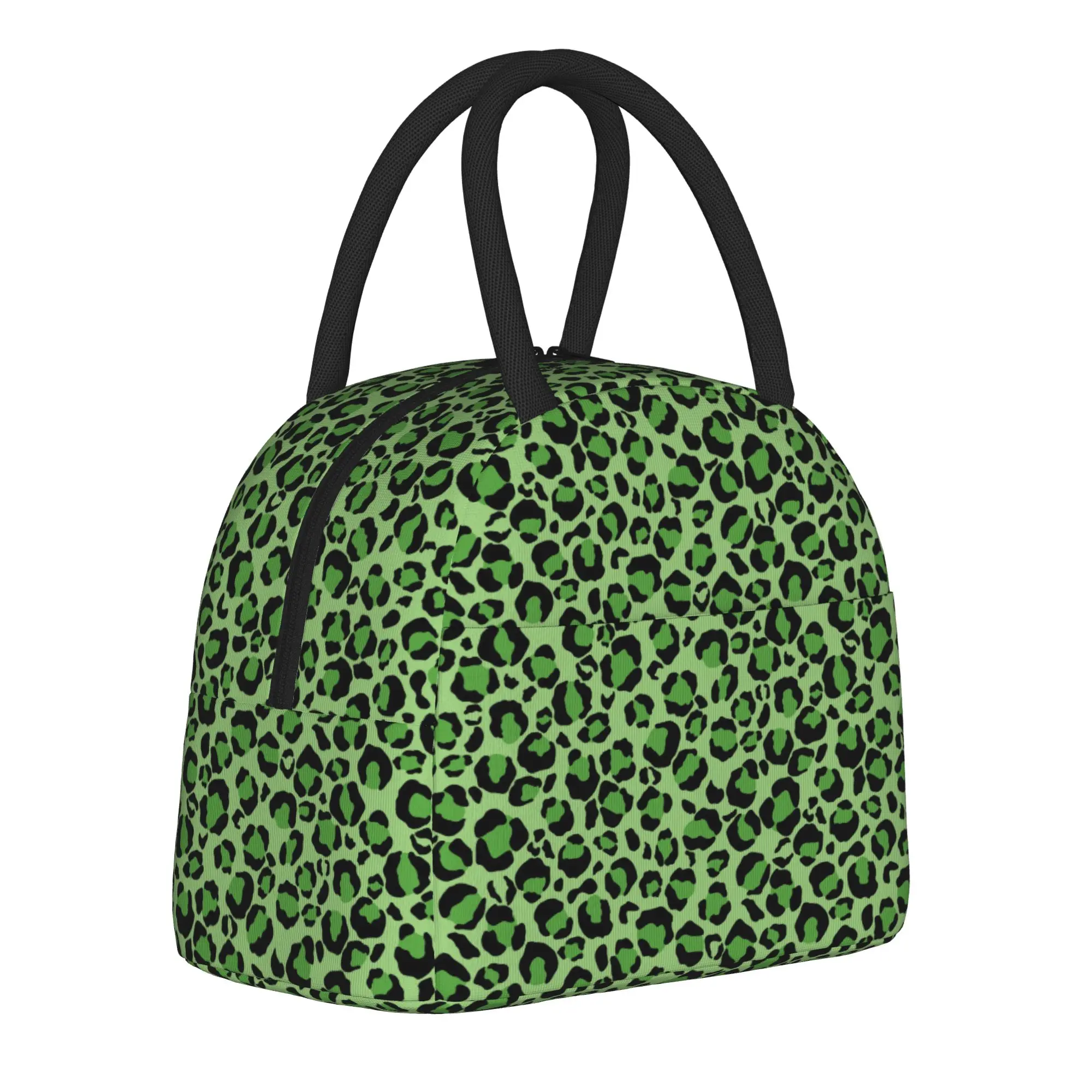 Green Leopard Print Insulated Lunch Bags Portable Camouflage Reusable Cooler Bag Tote Lunch Box Beach  Outdoor Girl Boy