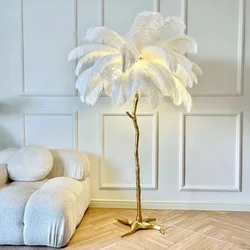 Lámpara de pie Led de pluma de avestruz nórdica, resina de cobre, decoración del hogar, iluminación interior, dormitorio, mesita de noche, luz de mesa de pie