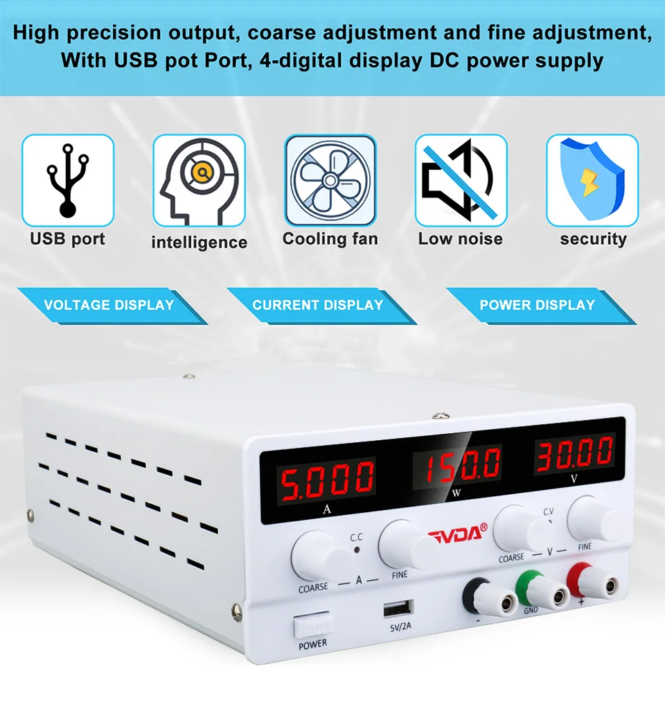 GVDA Adjustable DC Power Supply 30V 10A Lab Power Supply 300W Voltage Regulator Stabilizer 60V 5A Switching Bench Power Source