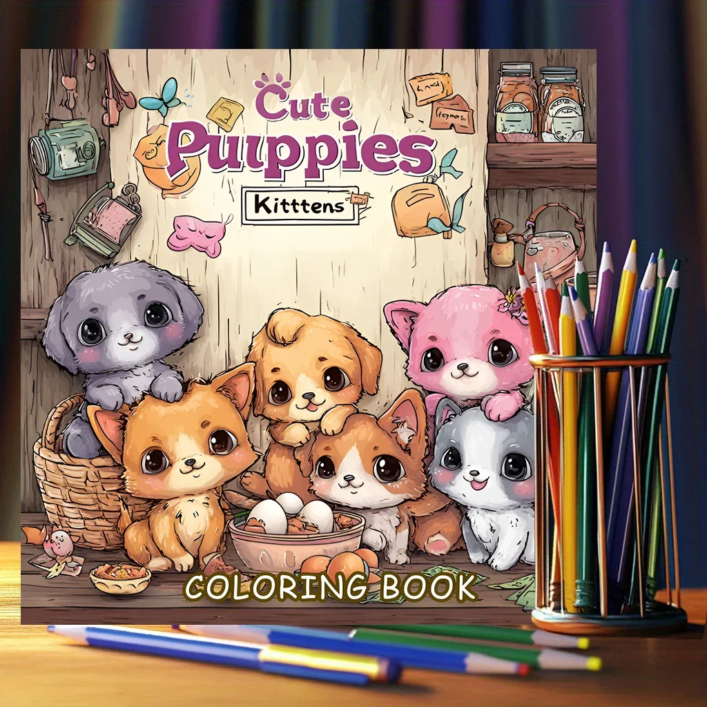 

Милые щенки, 28-страничная книжка-раскраска для снижения стресса для взрослых | Книжка-раскраска для снятия стресса и снижения настроения на День святого Валентина