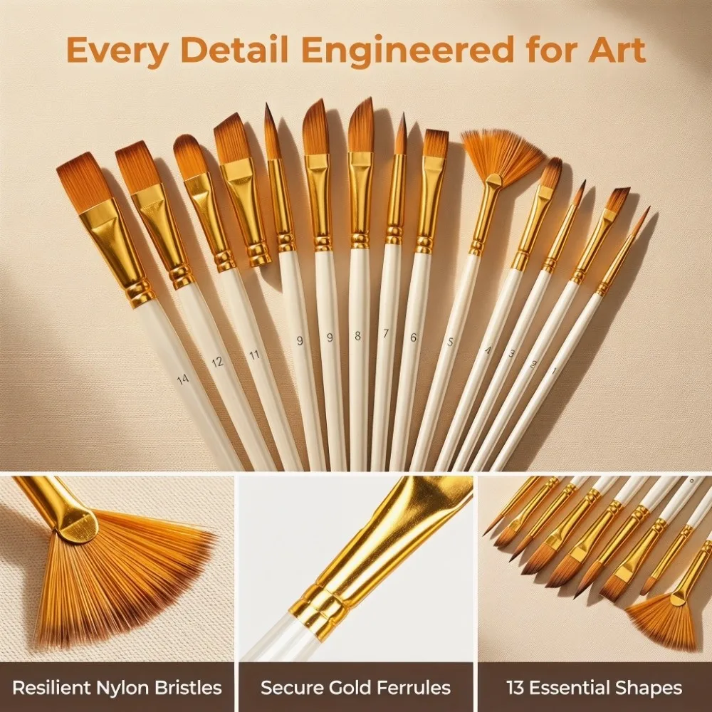 13PCS Pearl white pole Pearl White Paint Brushes Premium nylon filaments Fan style included Pearl White Handle Art Brushes