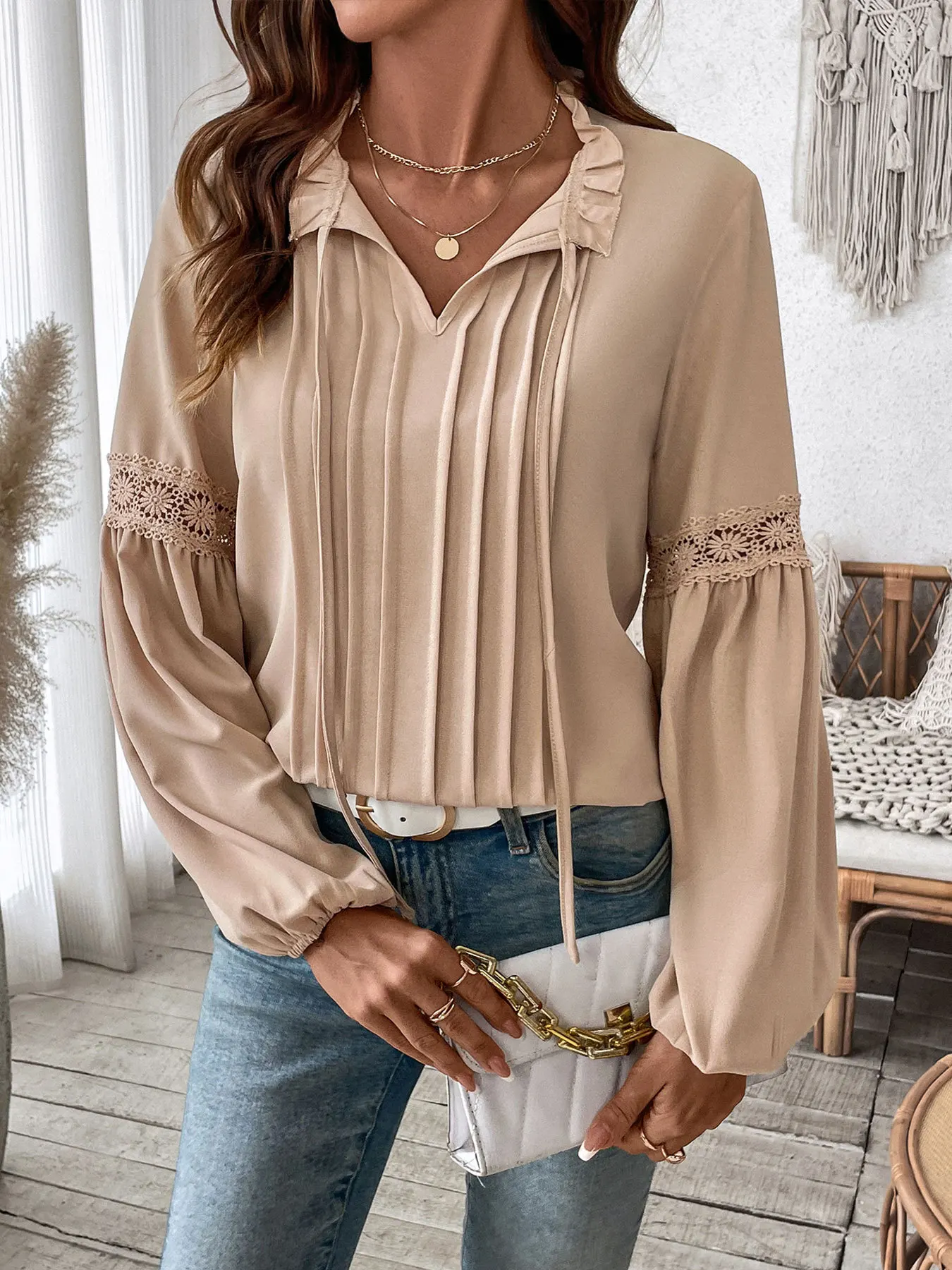 Blouses Women Shirt Full Sleeve Tops Solid Lace Up Round Neck Y2k Streetwear Elegant Splice Casual Shirts Work Slim Fit 2025