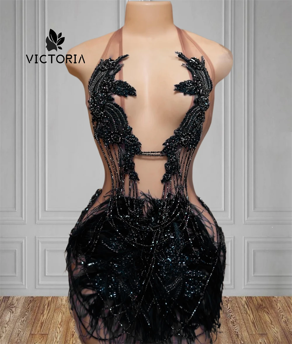 Designer Black Tassels Feathers Halter Mermaid Prom Dress For Blackgirls African See Thru Birthday Dress Luxury 2024 Customized