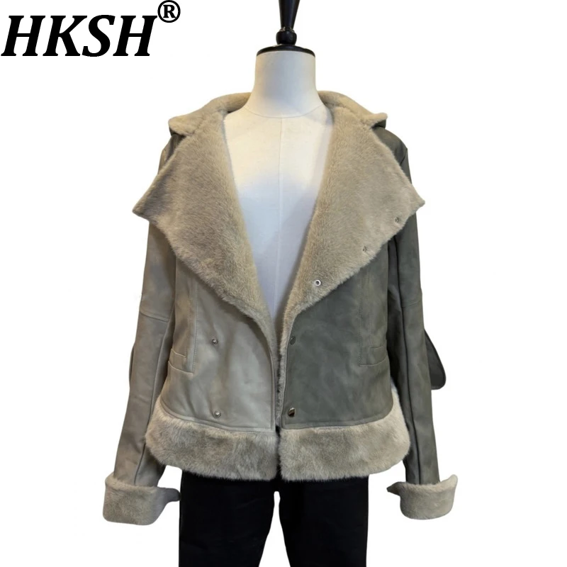 

HKSH новая зимняя женская теплая куртка из искусственной кожи с цветными блоками в стиле пэчворк на флисовой подкладке, однобортное элегантное утепленное пальто HK15953