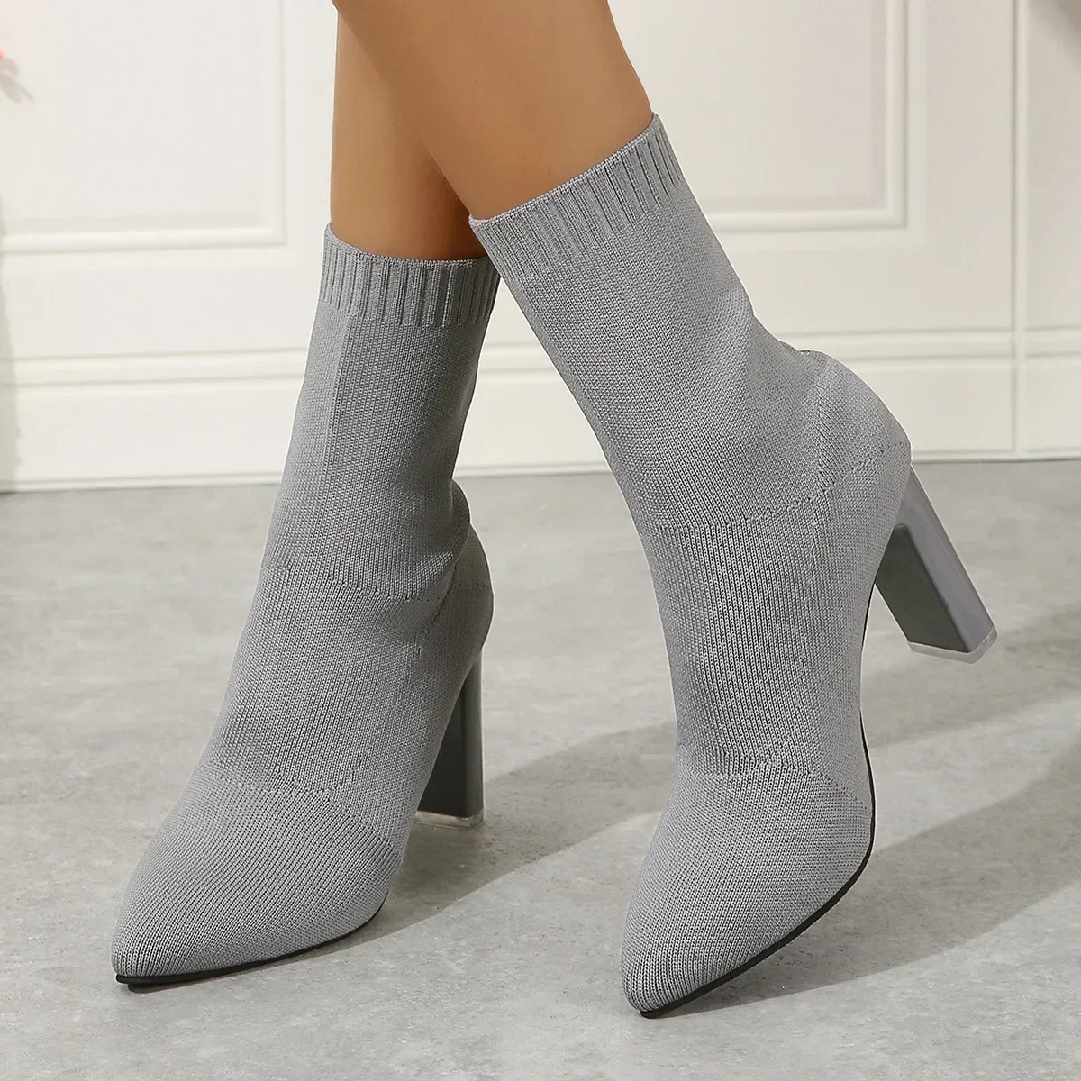 Womens Fashion Heeled Ankle Boots Autumn Pointy Solid Color Stretch Knitted Sock Boots Women Chunky Slip on Shoes Plus-size 43