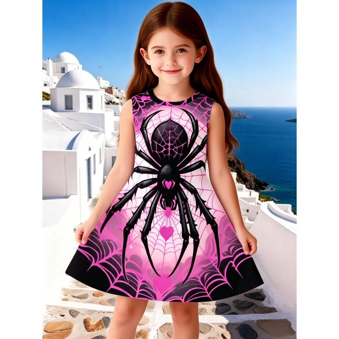 2026 Trendy Kid Sleeveless Swing Dress Pink Black Spider Web 3D Print Cute Halloween Outfit for Festival Party Daily Wear