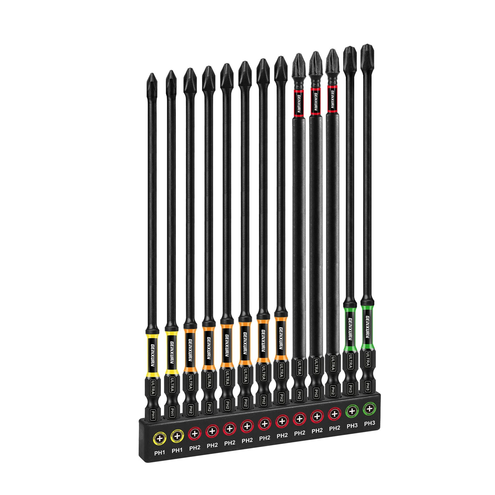 Geinxurn Impact #2 Phillipes Screwdriver Bits Sett(PH1/2/3), 6'' Magnetic S2 Steel Bits Set with Color Coded Base