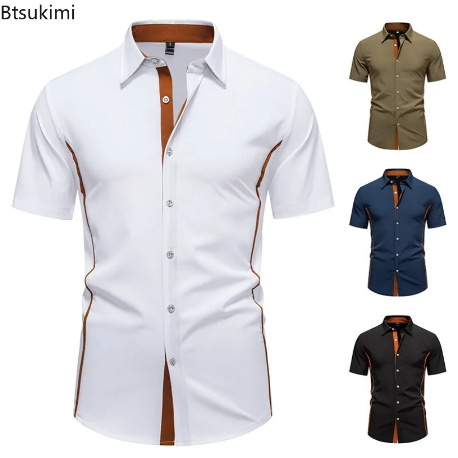 

New 2025 Men's Color Block Short Sleeve Shirts Summer Casual Patchwork Shirts for Men Daily Office Social Work Top Shirts Male