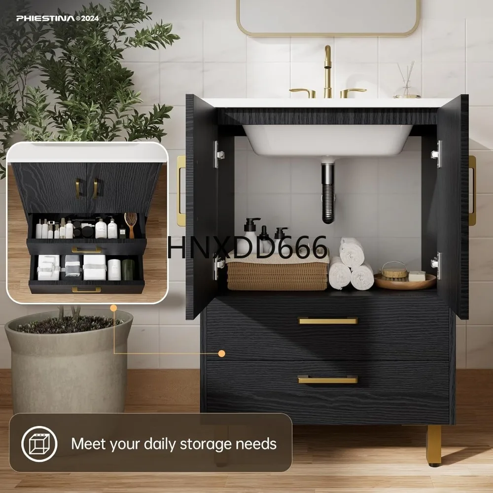 حمام 24 بوصة، بابين إغلاقين ناعمين ودرجين، مع مجموعة حوض مفردة بثلاث فتحات، صنبور غير متضمن، خزائن حمام