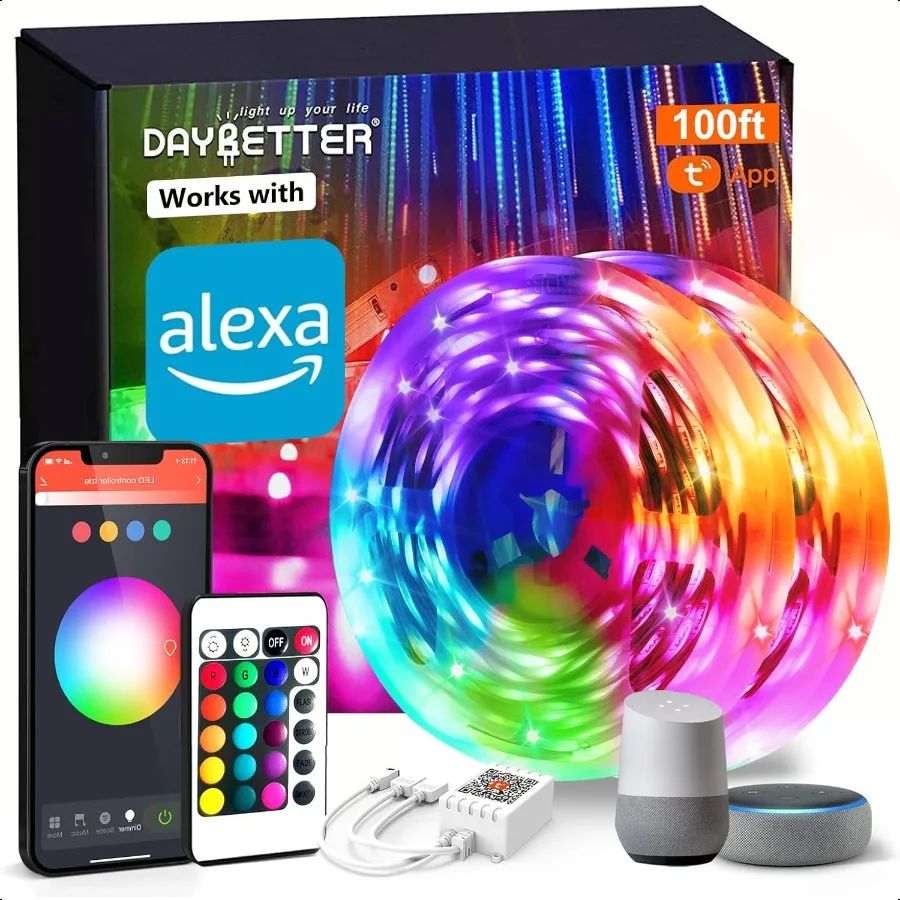 

Smart WiFi Led Lights 100ft Tuya App Controlled Led Strip Lights Work with Alexa and Google Assistant Timer Schedule Color Chan