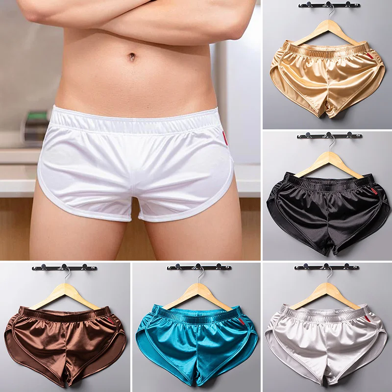 Men's Boxer Shorts Sexy Ice Silk Boxers Smooth Satin Sleepwear Underwear Solid Color Mid-rise Male Panties Underpants Pajamas