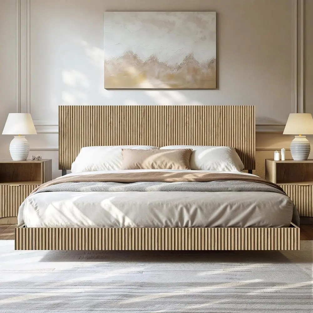 

Luxury Oak Floating Bed with LED Lights and Charging Station, No Box Spring Needed