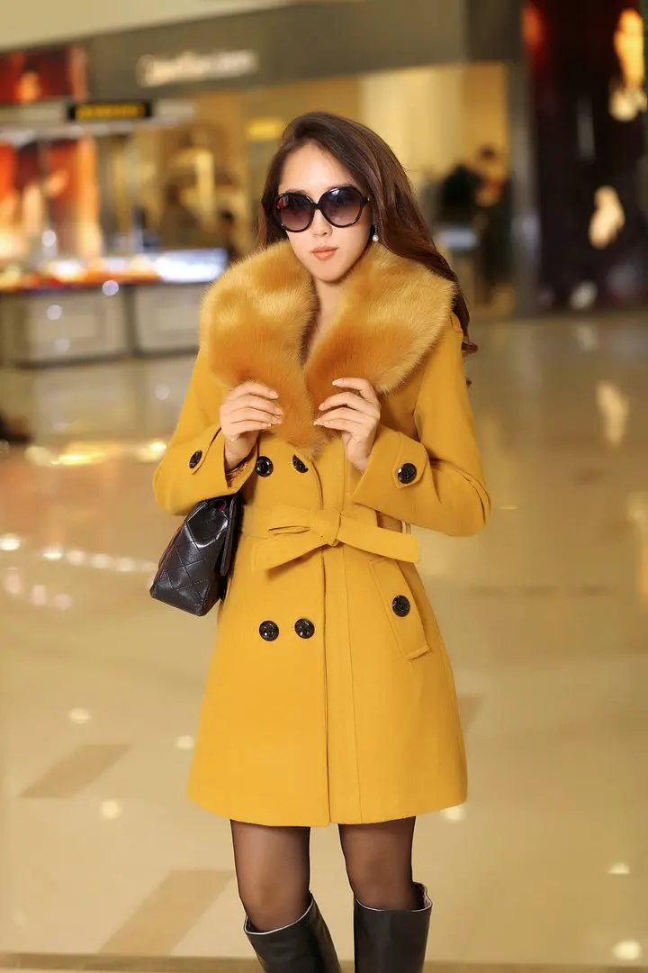 Women Fashion Overcoat Fall/Winter New Faux Fur Collar Windproof Thermal Jacket Solid Color Double Breasted Slim Fit Windbreaker