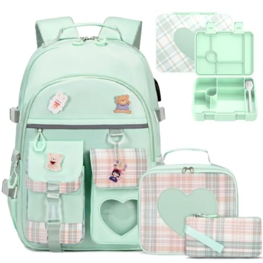 

Girls Backpack - Bento Box with Insulated Lunch Bag Pencil Case and Utensils Set for,6 Leakproof Compartments Removable Tray Lu