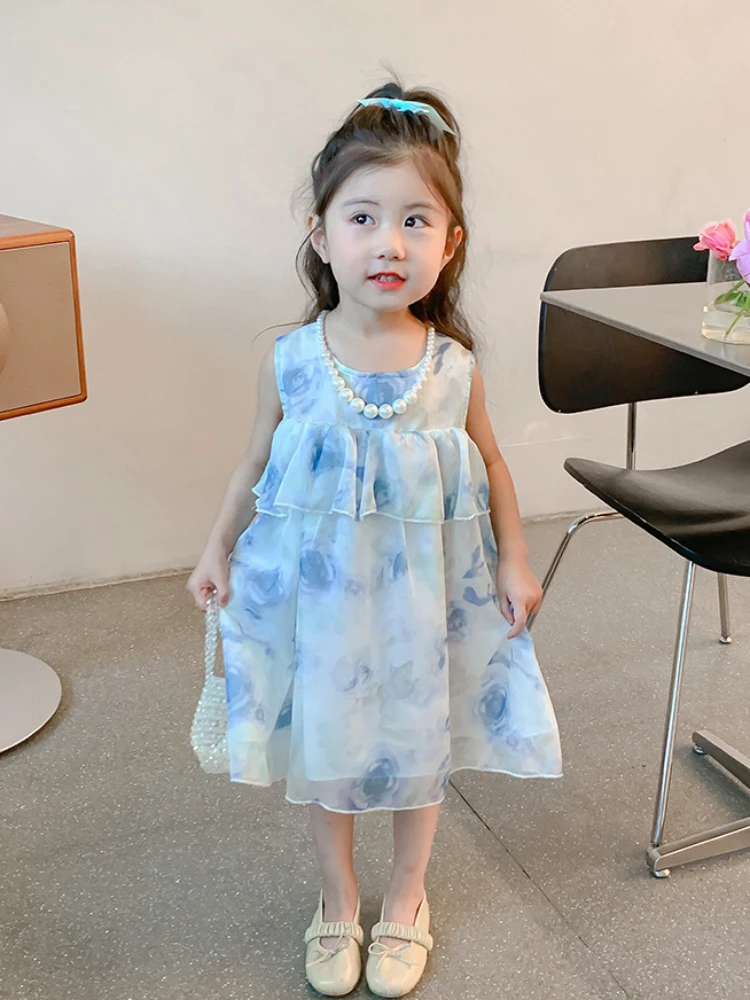 Girls Summer Dress 2024 New Style Baby Summer Dress Princess Skirt Korean Sweet Style Skirt Simple Casual Style All-match