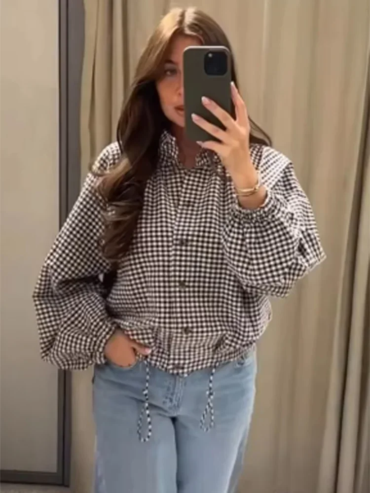 Gingham Cropped Shirt Jacket Long Sleeve Drawstring Hem Open Front Shacket Women Casual Checkered Outerwear New
