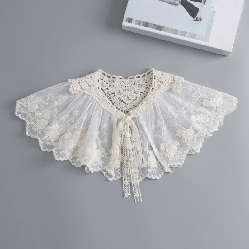 Korean Style Women False Collar Shawl Scarf Elegant Embroidery Lace Pleated Lace-Up Bowknot Shoulder Wrap Poncho Cape