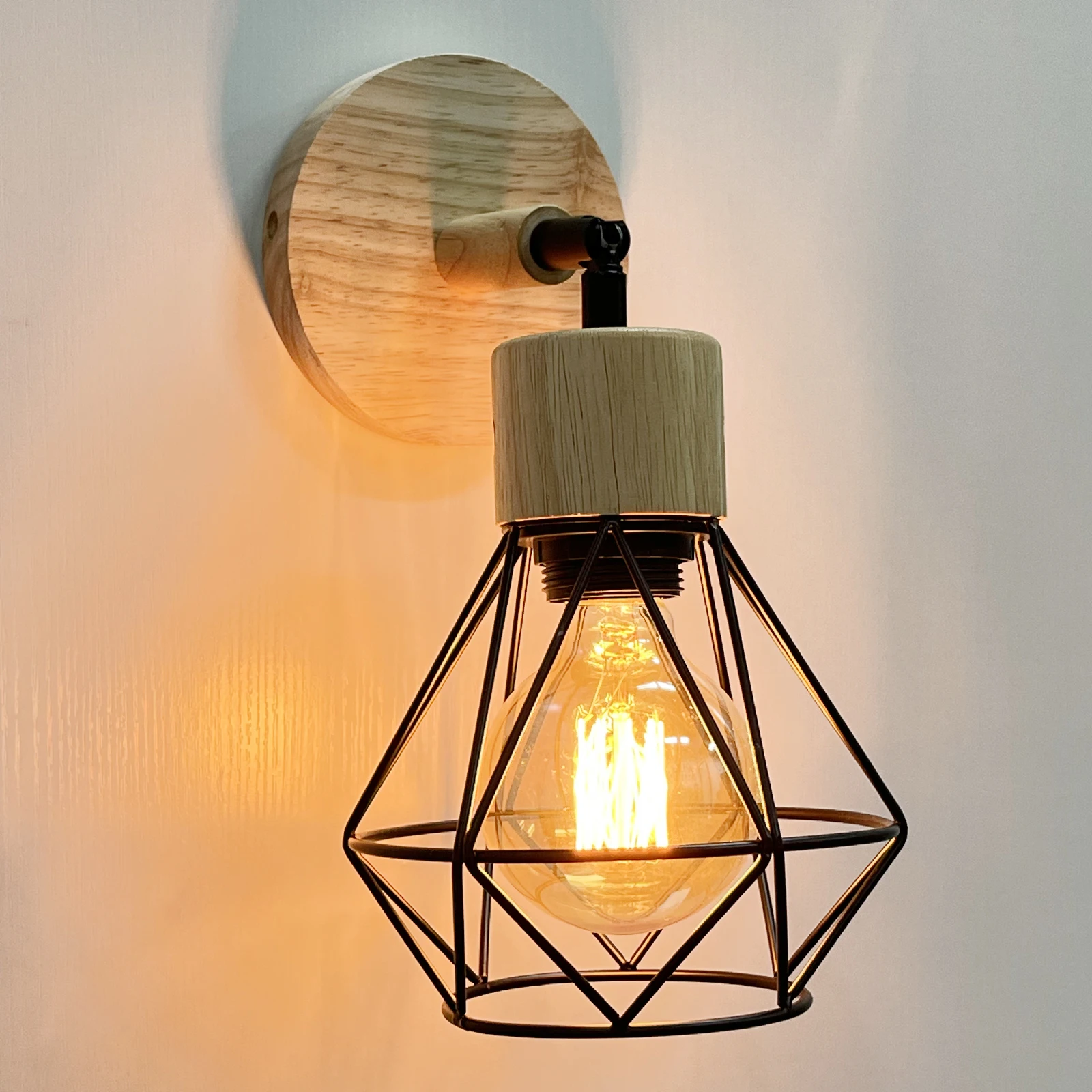 

Wooden Iron Cage Wall Light Shade Retro Steering Head Bedside Lamp Modern Industrial Wall Sconce for Bedroom Living Room Home
