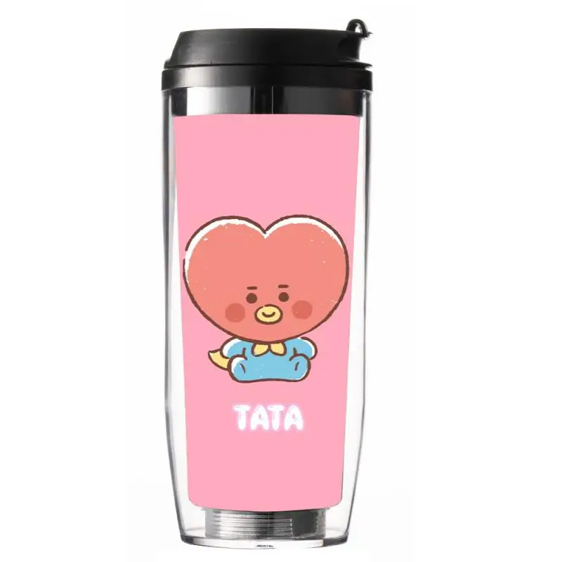 Anime Cartoon Bt21 Cooky Chimmy Tata Double-Layer Straw Cup Y2K Fashion Cute Accompanying Milk Tea Coffee Cup Couple Water Cup