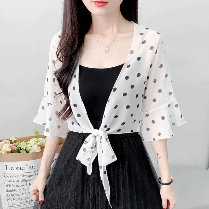 Fashion Dot Print Chiffon Cardigan Thin Outer Jacket Women\'s Sunscreen Shawl Summer Blouses Neck Guard Cloak Sun Scarf R14