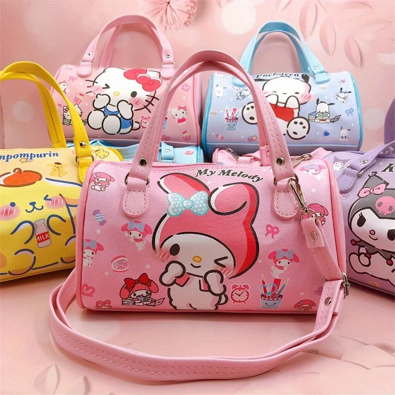 Kawaii Cartoon Graphic Barrel Bag - Waterproof PU Leather Round Crossbody Tote with Portable Design Ideal for Girls\' Travel