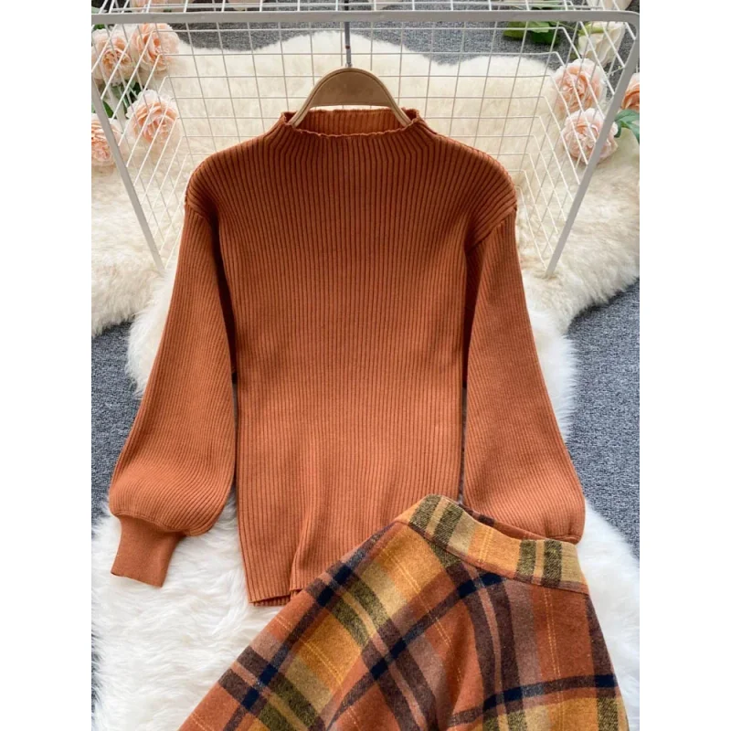Retro Casual Sweater 2 Piece Set Women Lantern Sleeve Sheath Knitt Top+Elastic Loose Long Skirt Female Autumn Elegant SuitsWomen image 3