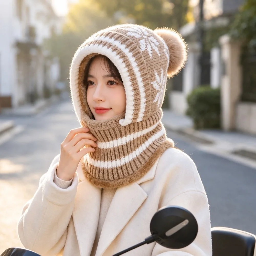 Fleece Lining Knitted Balaclava Hat Snowflake Jacquard Thick Warm Winter Beanie Mask Full Cover Elastic Knit